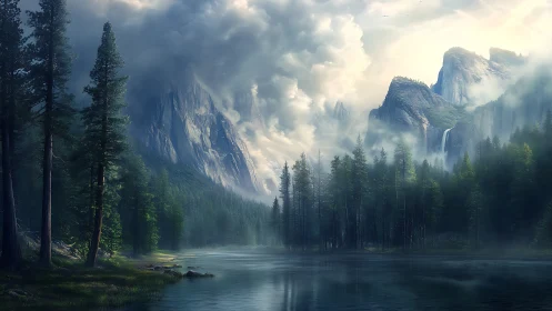 Misty mountain forest rises above a tranquil reflective lake