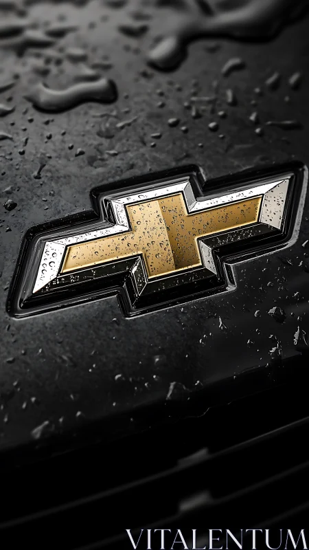 Rain kissed gold car emblem on sleek midnight grille.