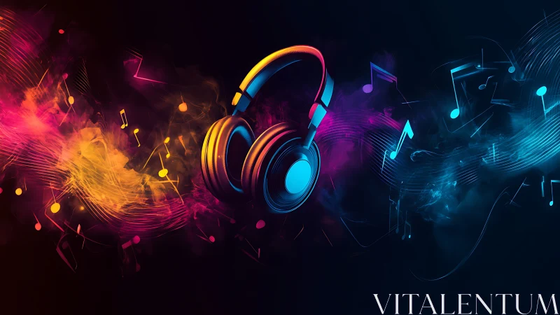 Neon audio spectrum headphones in dynamic digital painting composition.