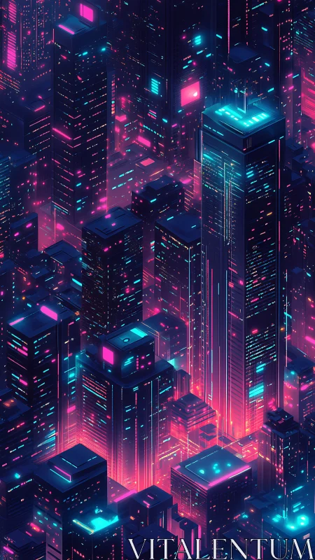 Neon-lit futuristic cityscape with dense vertical towers.