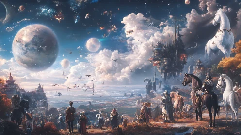 Epic fantasy riders observe vast floating planetary sky