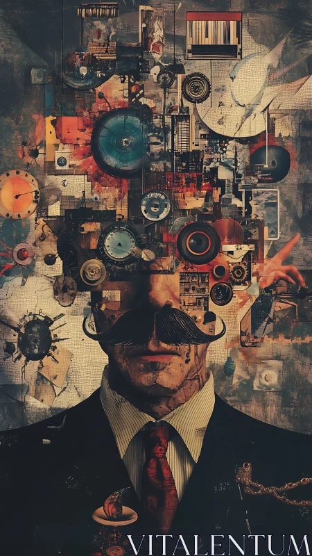 Surreal suited man with mechanical abstract exploding mind