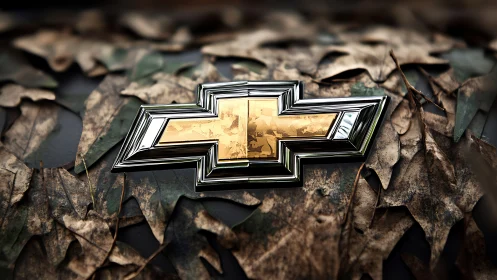 Metallic bowtie emblem with reflective chrome edging on dry leaves