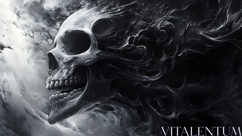 Skull profile dissolving into swirling dark smoke forms.