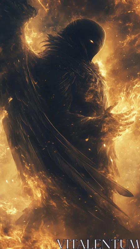 Infernal winged sentinel emerging from cascading golden fire.
