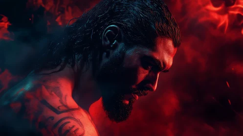 Male profile in red and blue dramatic lighting with smoke.