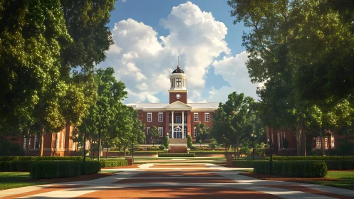 Red-brick campus hall rises beyond sunlit tree-lined quad.