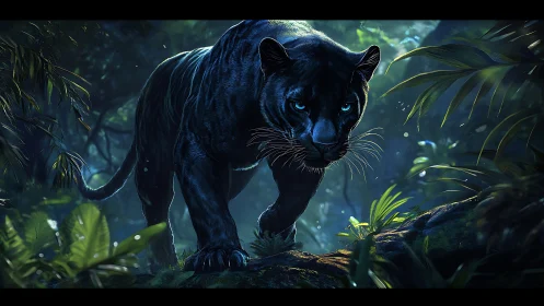 Black Panther with Glowing Blue Eyes in Jungle Foliage