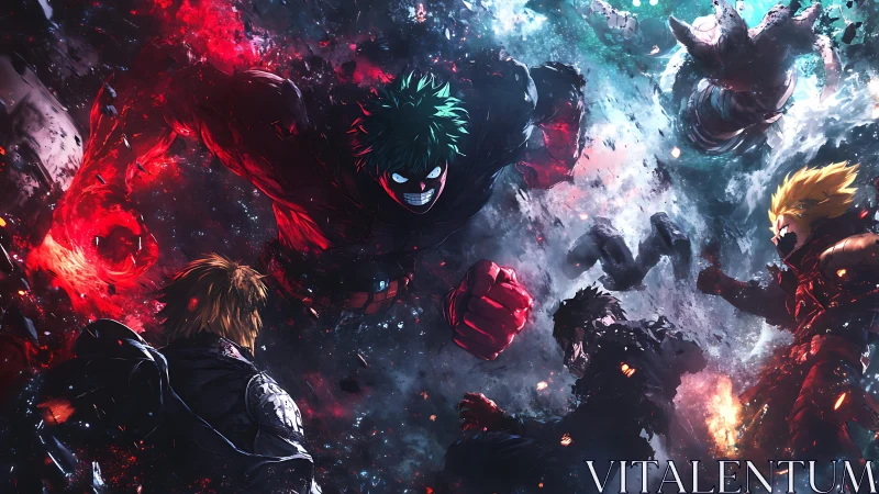 Explosive anime heroes clash amid cosmic energy storm.