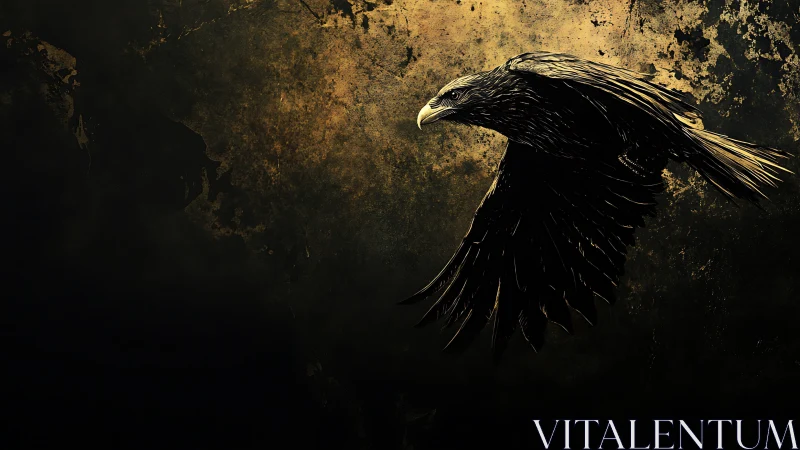 Golden-lit eagle cuts through a rugged, shadowed sky