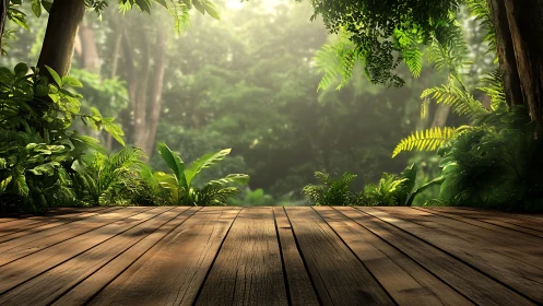 Elevated Wooden Platform Within Dense Tropical Canopy Formation.