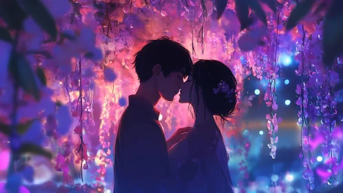 Romantic anime couple under glowing floral canopy at night.