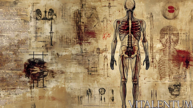 Vintage anatomical study overlays human skeleton and muscles