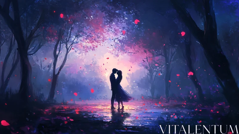 Two figures embrace in illuminated forest clearing.