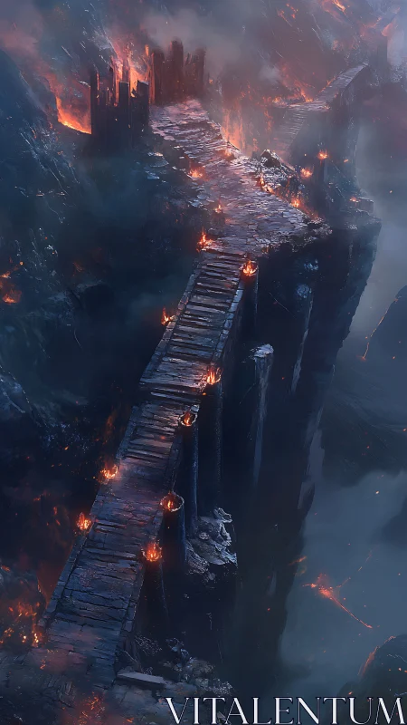 Burning Bridge Across Fiery Chasm at Dusk.