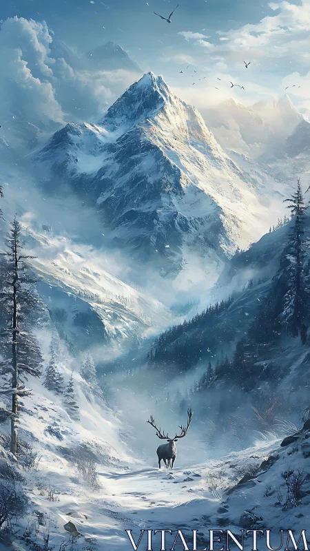 Solitary stag surveys towering snowbound mountain pass.