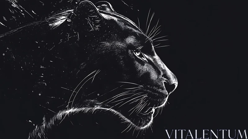 Lion Profile in High Contrast Black and White Sketch.