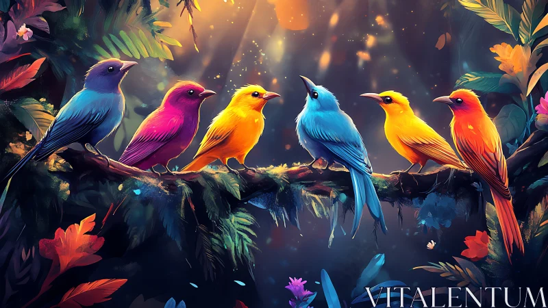 Vibrant Colorful Birds on a Branch in a Magical Forest Scene.
