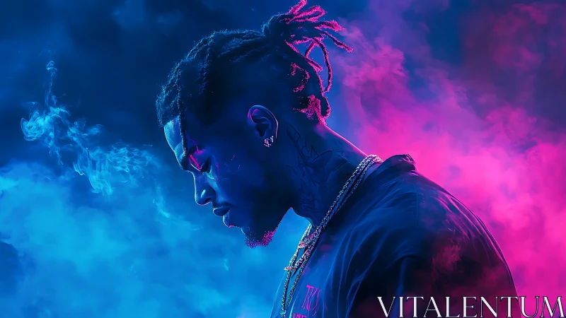 Neon-lit profile portrait in vibrant magenta and cyan haze.