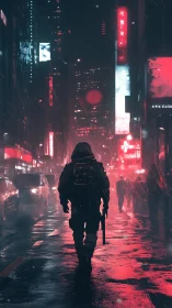 Lone operative walks neon rain street under red city glow.