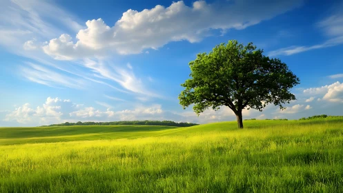 Single green tree stands in bright grassy field under sky
