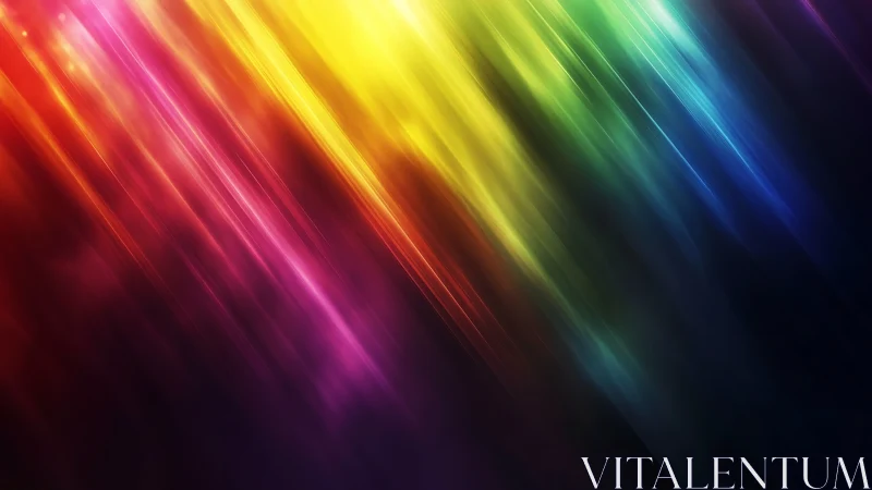 Diagonal rainbow light streaks glide across dark gradient