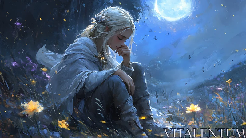 Solitary figure seated in moonlit wildflower clearing at night.