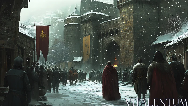 Snowy medieval procession approaching a guarded stone citadel.