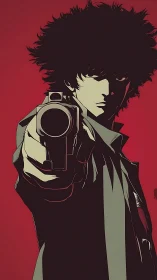 Stoic gunman extends pistol toward viewer, stark red field