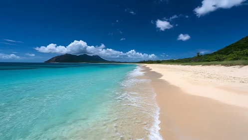 Tranquil tropical beach with turquoise waters and lush greenery.