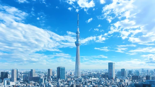 Tokyo Skytree rising over dense city skyline panorama.