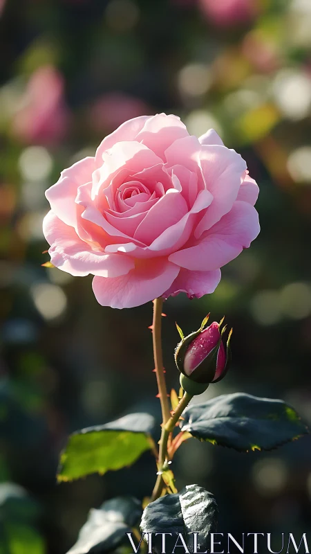 Sunlit pink rose with bud captured using shallow depth of field