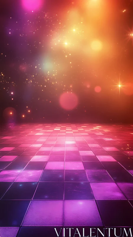 Glowing tiled floor extends beneath multicolored light field