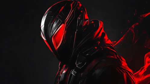 Cybernetic red-illuminated combat helmet in shadowed profile.