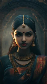 Regal Indian portrait under arched temple shadows.