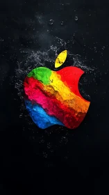 Colorful liquid apple logo on dark textured background.