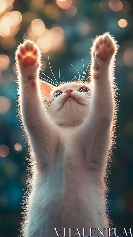 Joyful White Cat Celebrates with Triumphant Paws Raised High.