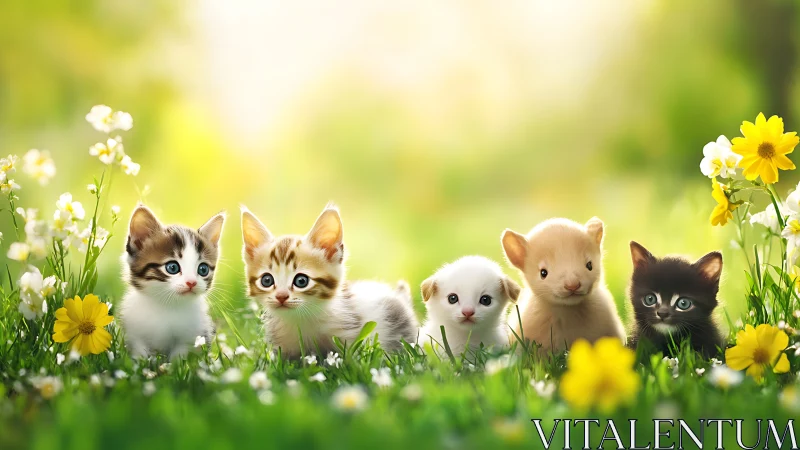 Adorable Kittens and Lambs in Springtime Meadow.