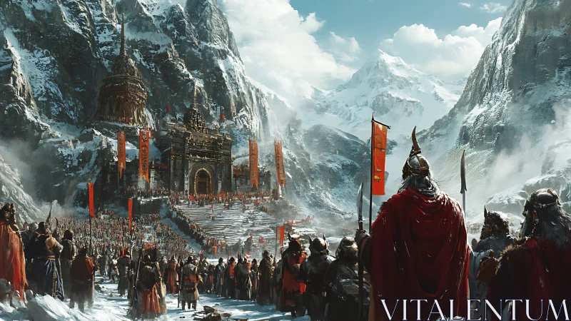 Militarized alpine citadel approached by massed bannered hosts.