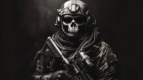 Tactical skull soldier with rifle in dark combat gear.