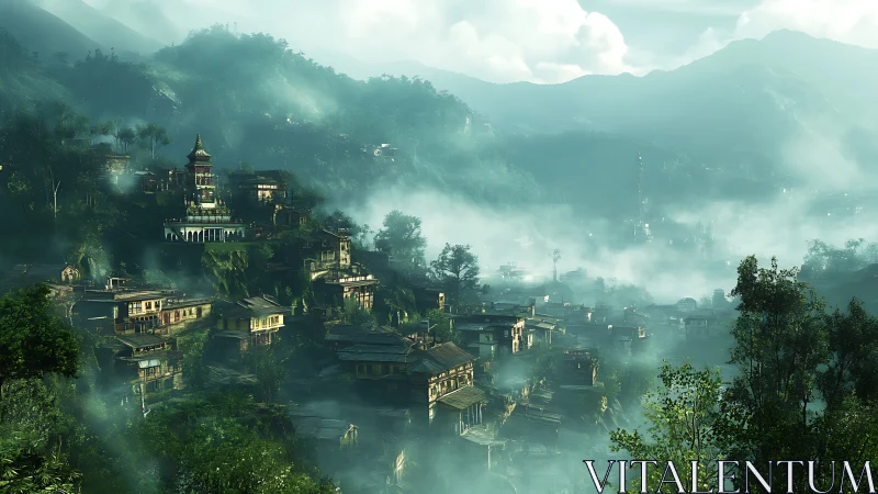 Terraced hillside settlement extends through mist-covered valley