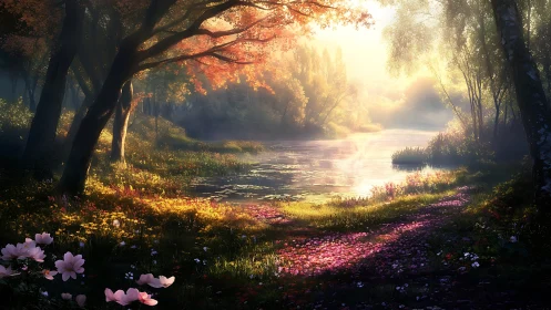 Forest river at dawn with flowering meadow and golden light.