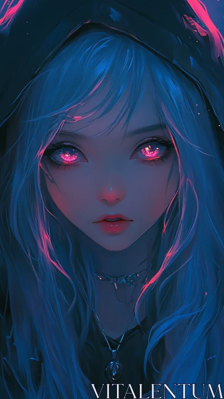 Mystical blue haired girl with glowing pink starlit eyes.