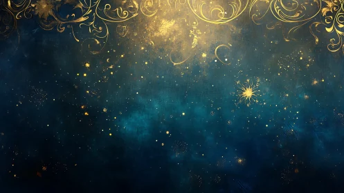Gold ornamental swirls over blue textured starry field.