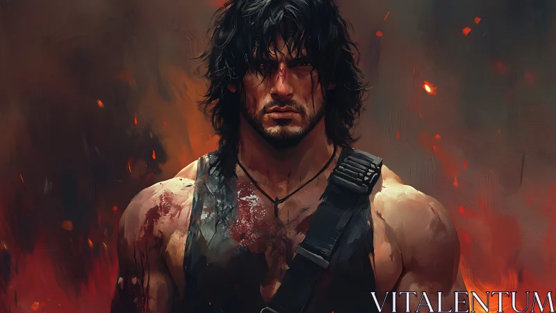 Battle-scarred warrior stands defiant amid rising embers