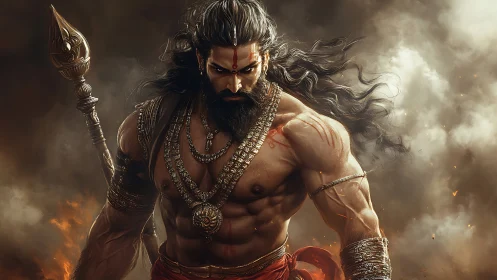 Storm-lit warrior sage standing fierce within swirling fire.