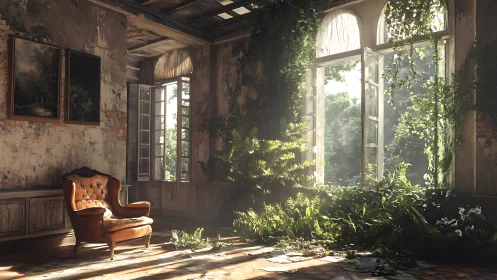 Sunlit abandoned room invites nature back into quiet comfort