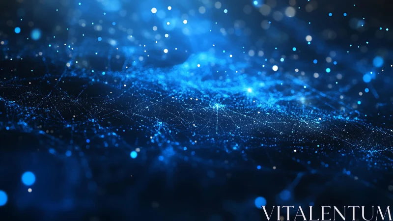 Abstract blue digital network background with glowing particles.