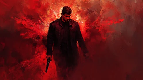 Solitary armed figure stands amid dense abstract red field