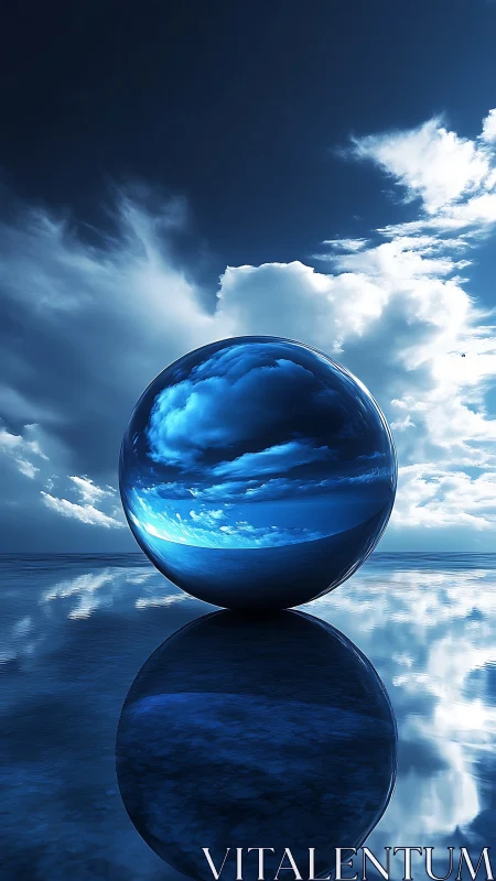 Chromed sky sphere on reflective oceanic mirror plane.